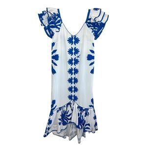 Mamo Howell Liberty House Vintage Hawaiian Muumuu Dress Blue White Ruffle Size 8